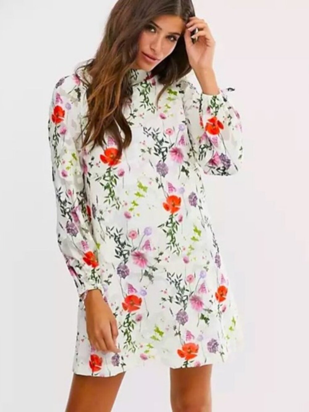 Ted Baker London Imane Tunic Dress White Pink Floral Long Sleeves 10